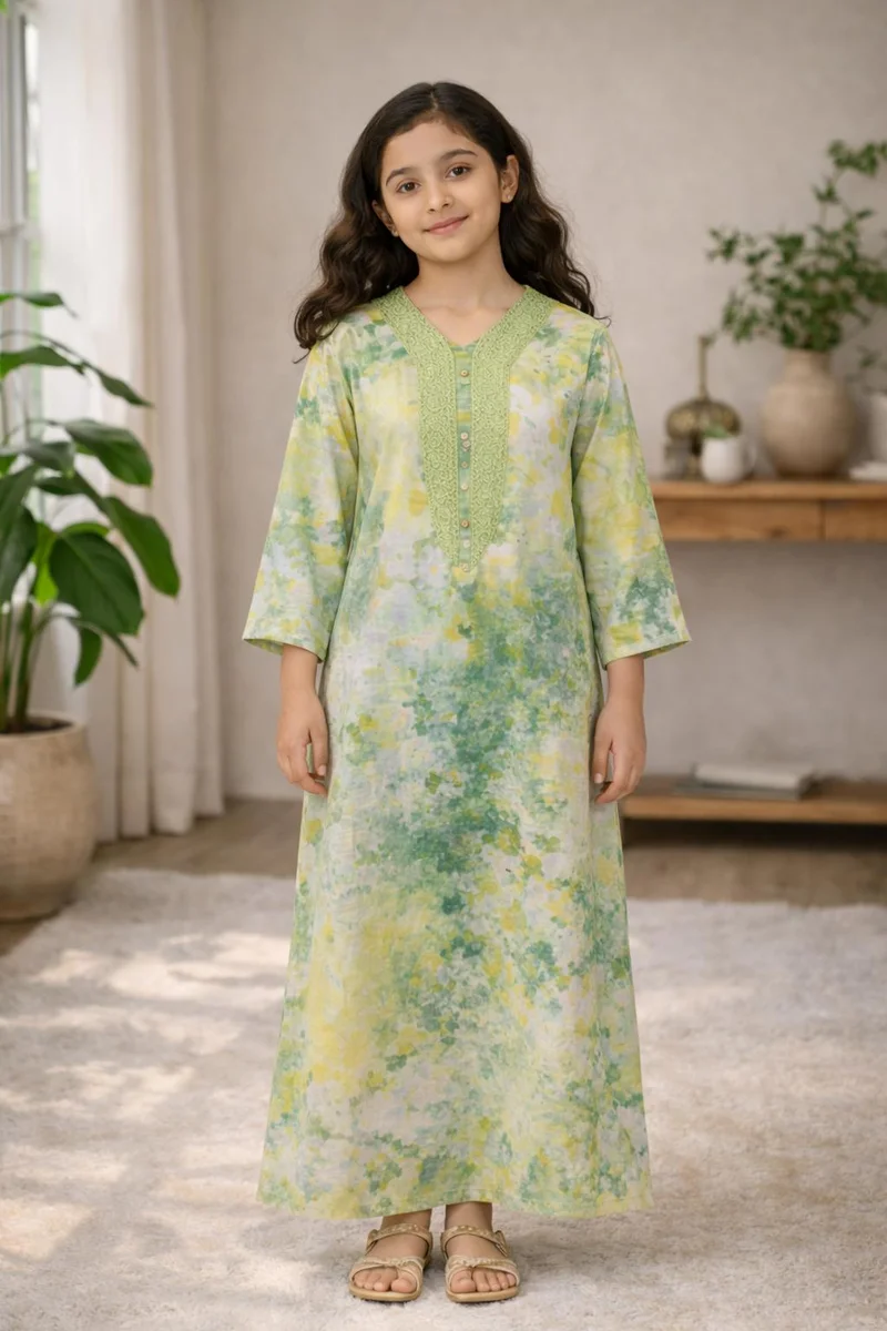Artemea  Girls Green Digital printed Jalabiya with Embroidered V-Neck – Modest Ankle Length Dress for Women | Best Price UAE